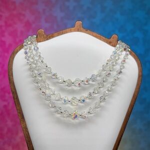 Vintage Triple Strand Aurora Borealis Crystal Choker Necklace Fancy Clasp MCM
